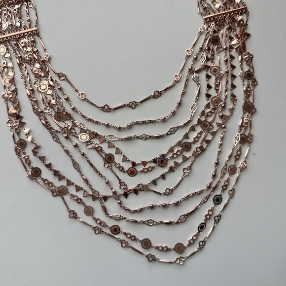 BCBG Maxazria Necklace Boho Layered Multi Strand Drape Bib Runway Rose Gold NEW - Picture 3 of 4